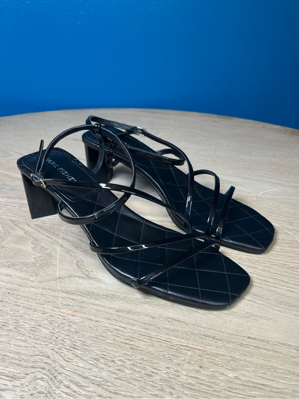 Marc Fisher Quilted Black Strappy Block Heel Sandals Womens Size 8 Square Toe
